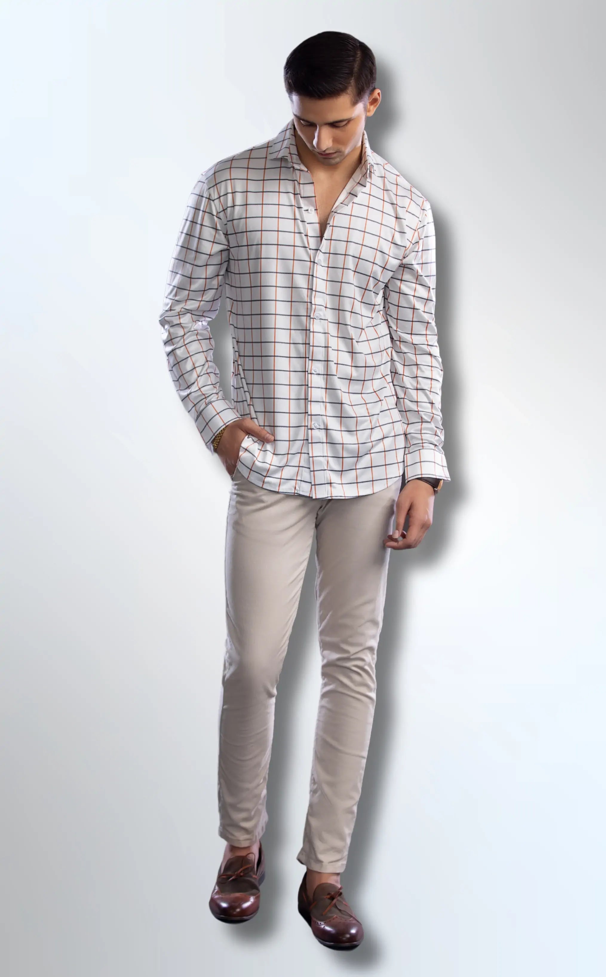 Dressy Shirt Semi-Spread Collar White with Blue and Orange Grid