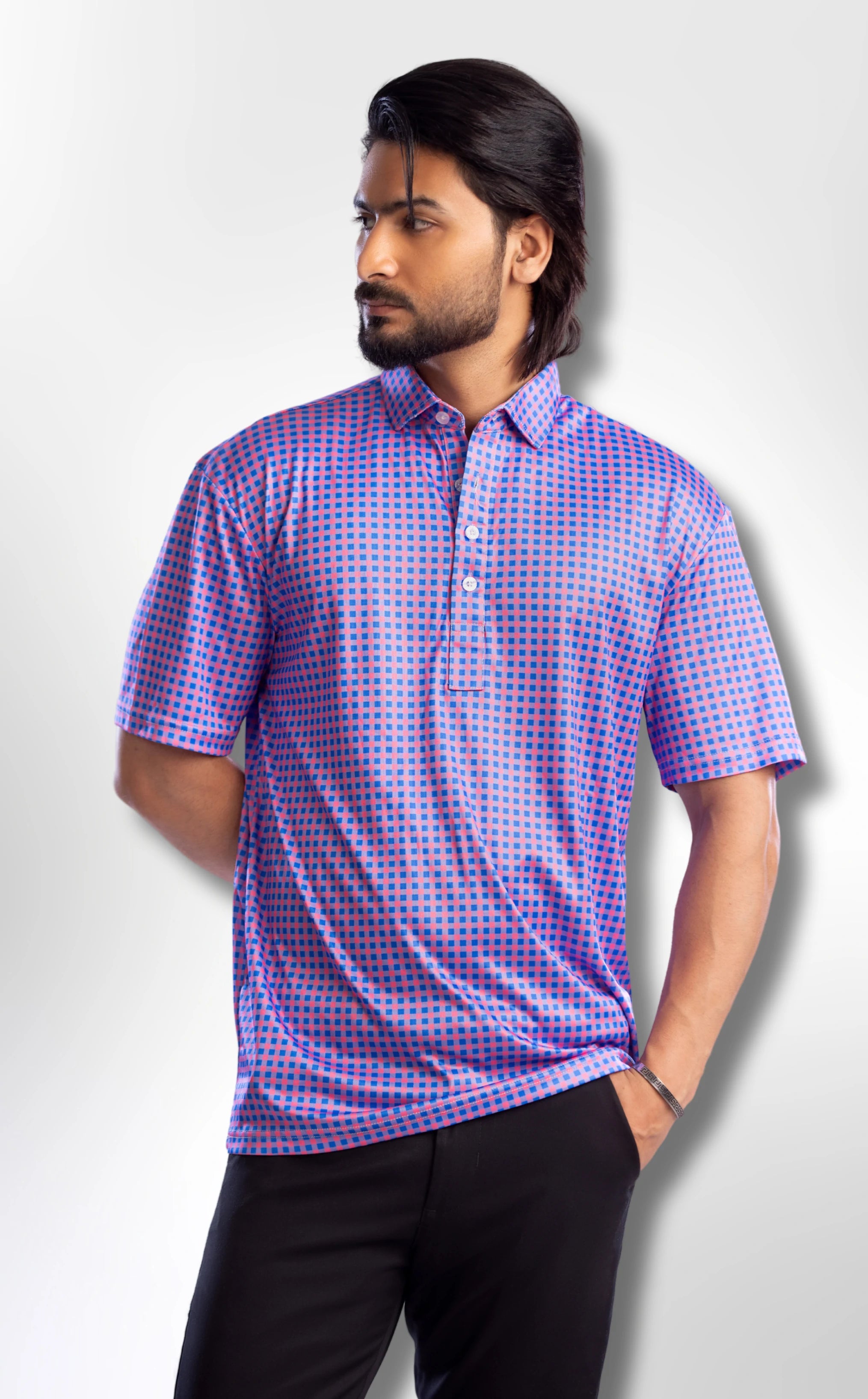 Dressy Polo Semi-Spread Collar Country Red and Blue Gingham