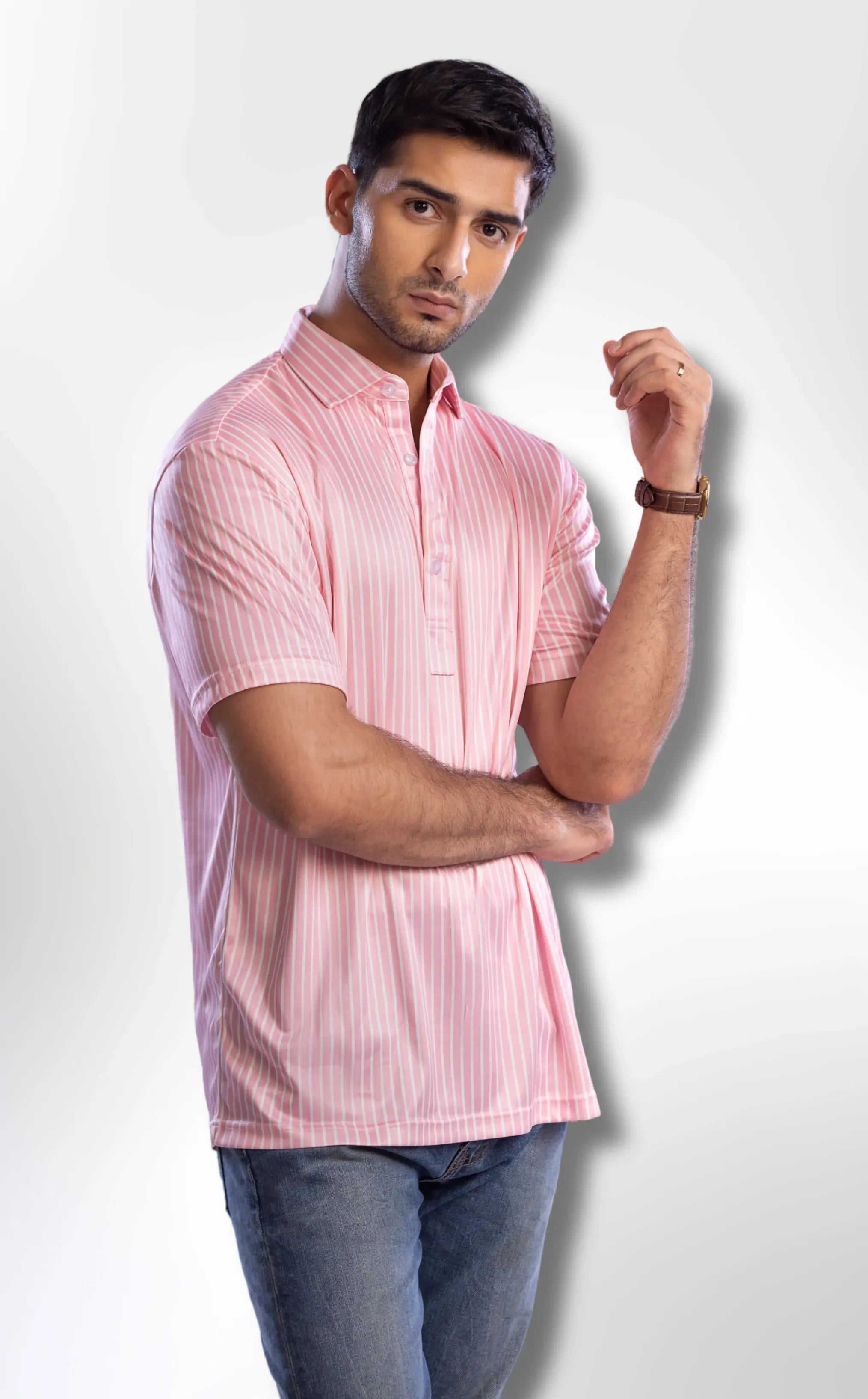 pink dress shirt white collar White Collar Striped Twill Shirt Slim Fit / M 40