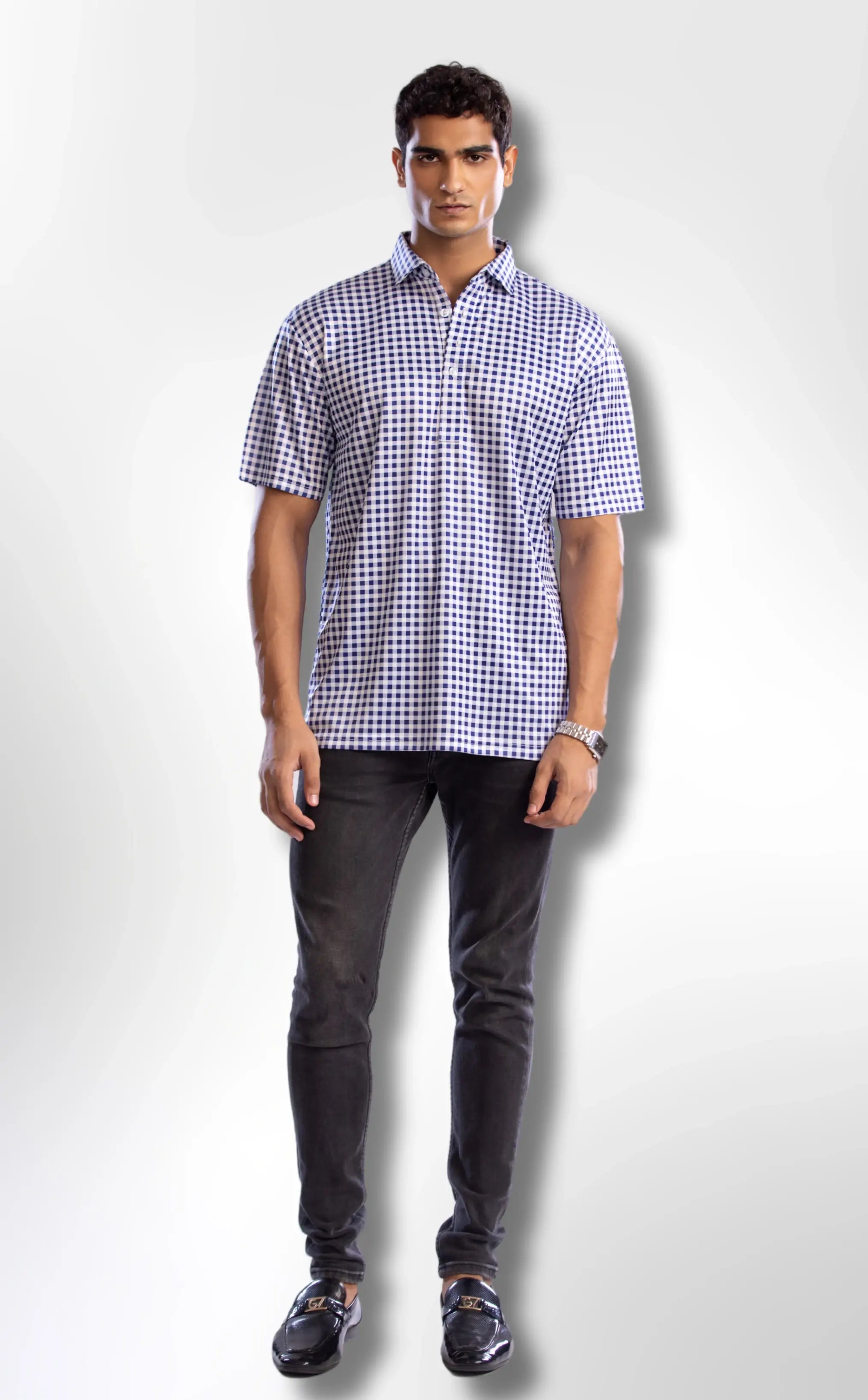 Semi-Spread Collar Navy and White Gingham Shirt