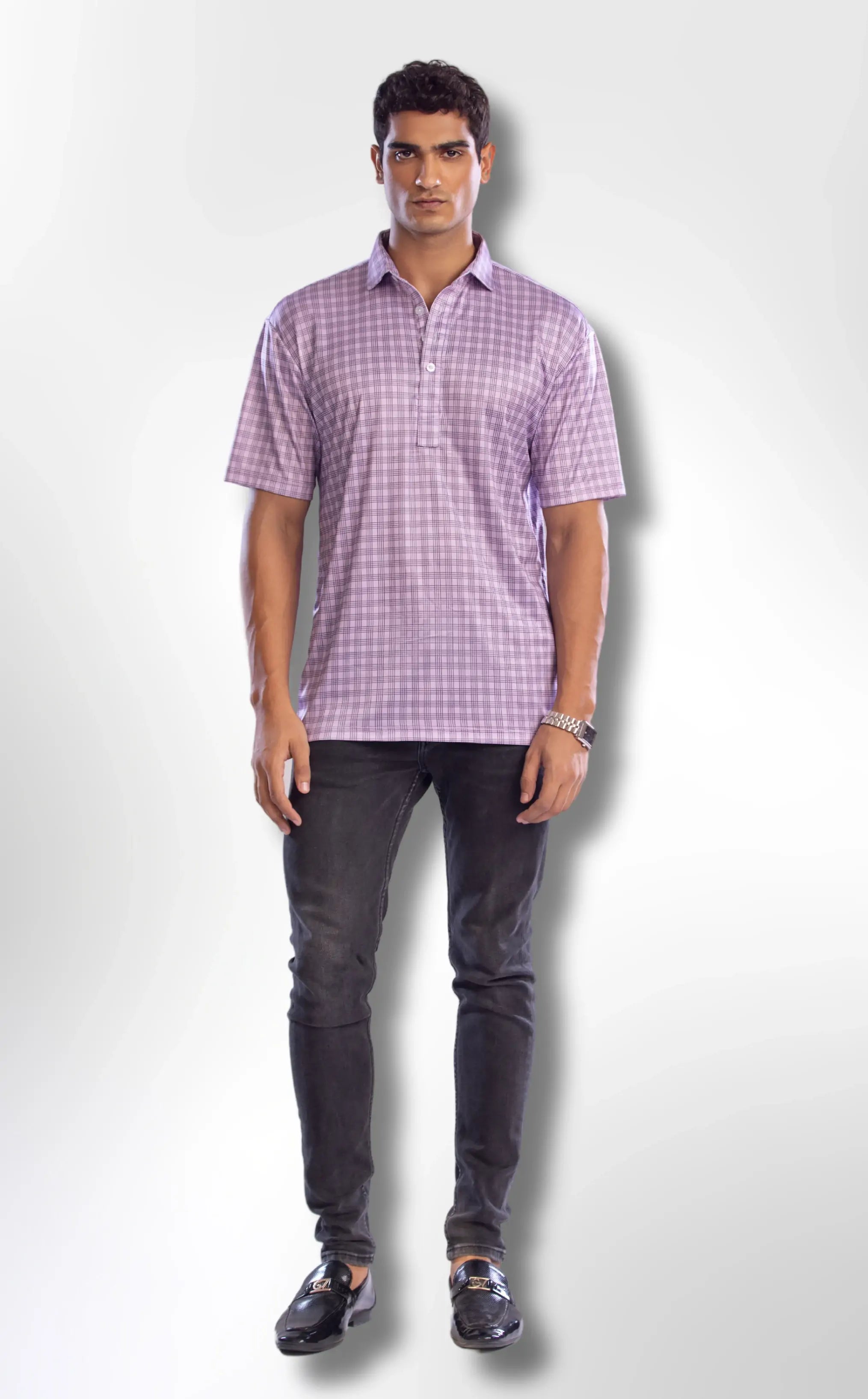 Semi-Spread Collar Lavender and Blue Three Stripe Grid