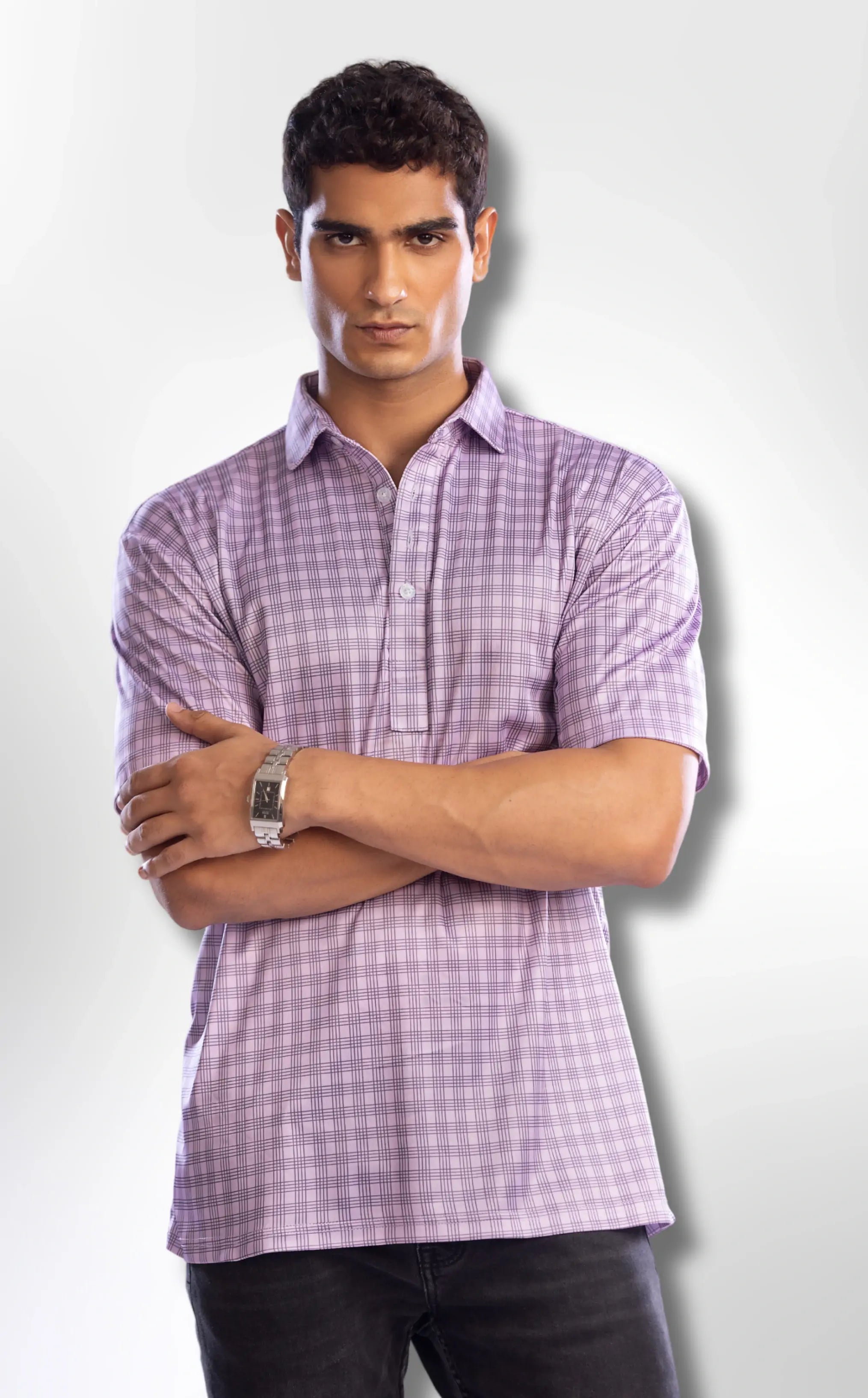 Semi-Spread Collar Lavender and Blue Three Stripe Grid