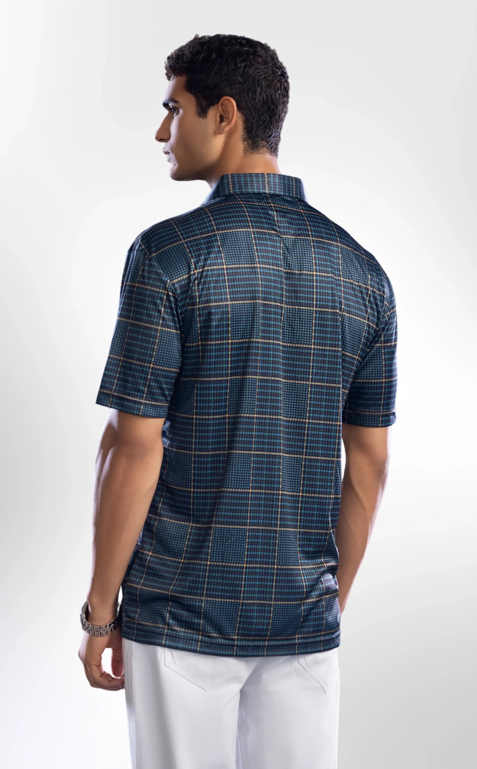 Semi-Spread Collar in Dark Gray and Brown Stripe Grid