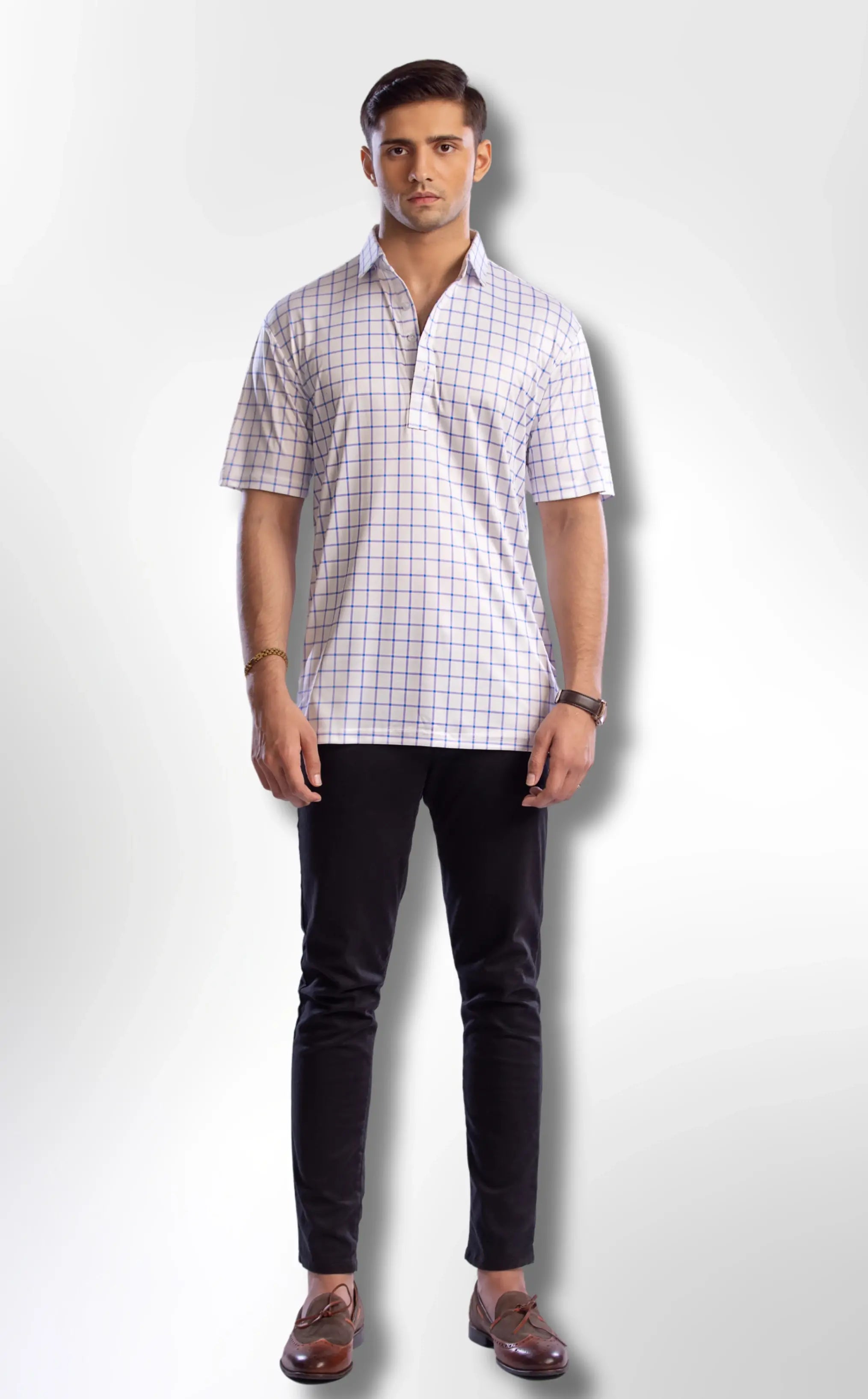 Semi-Spread Collar with Bold Blue Grid Check