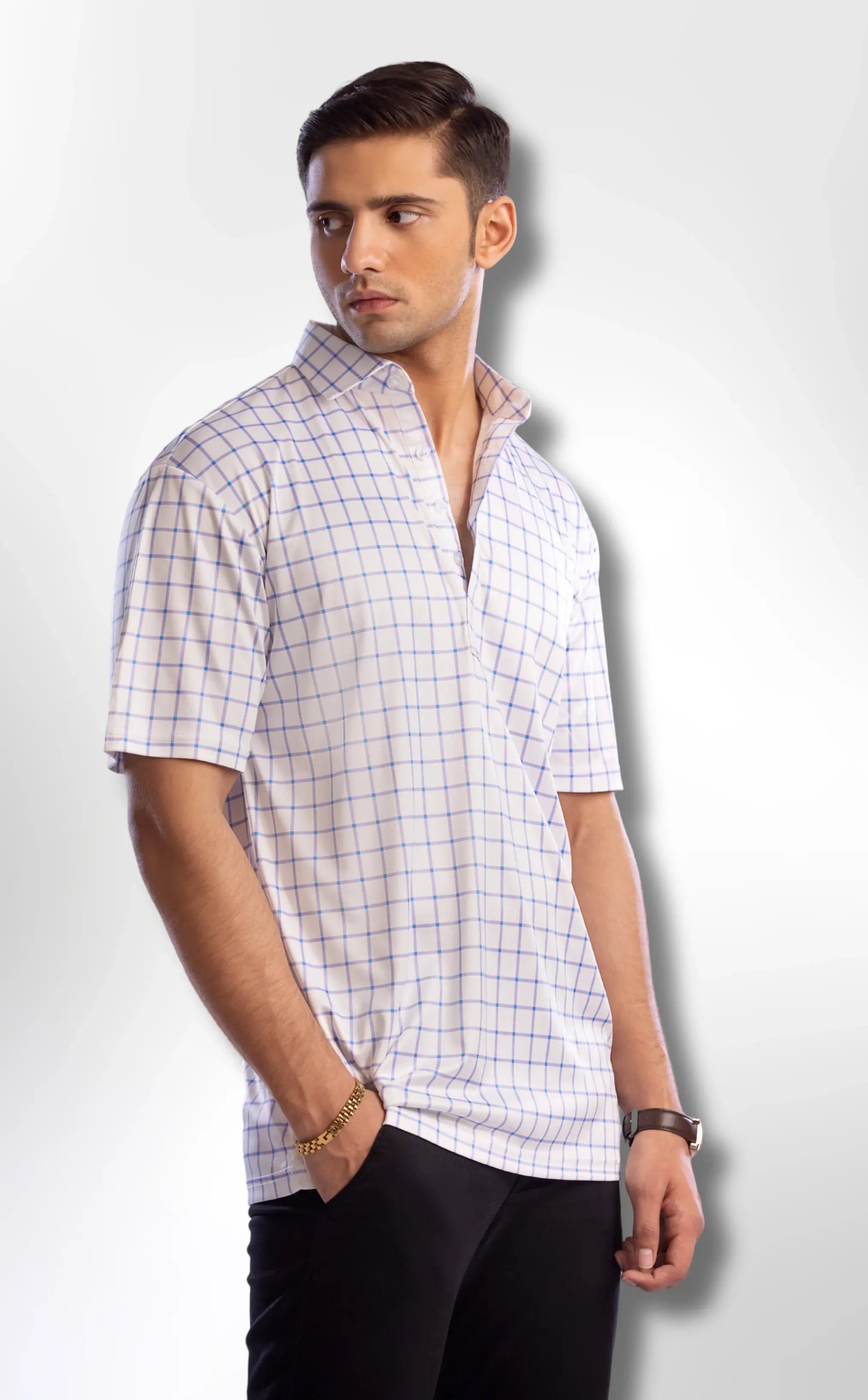 Semi-Spread Collar with Bold Blue Grid Check