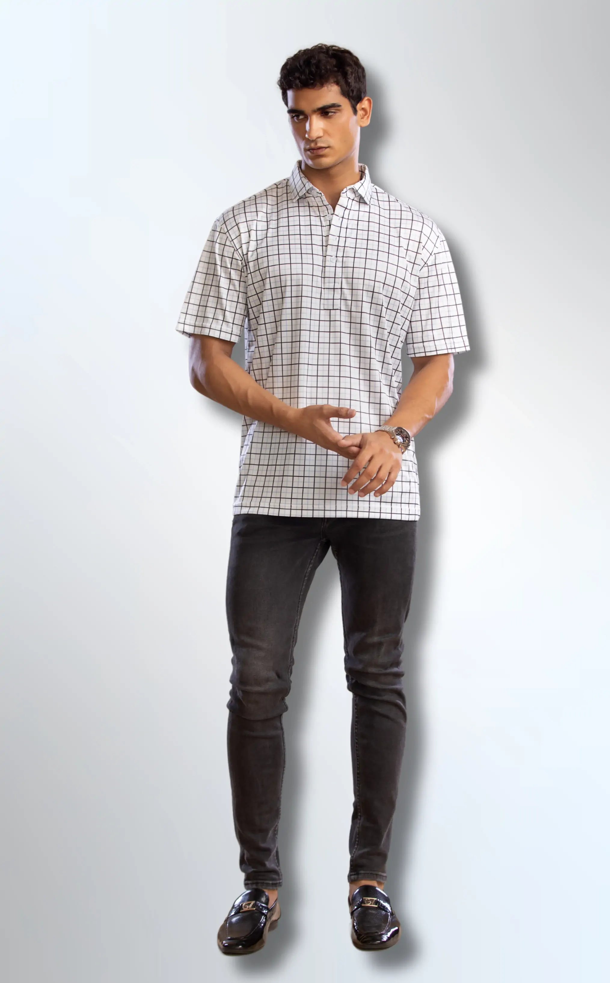 Dressy Polo Semi Spread Collar White with Black and Blue Grid