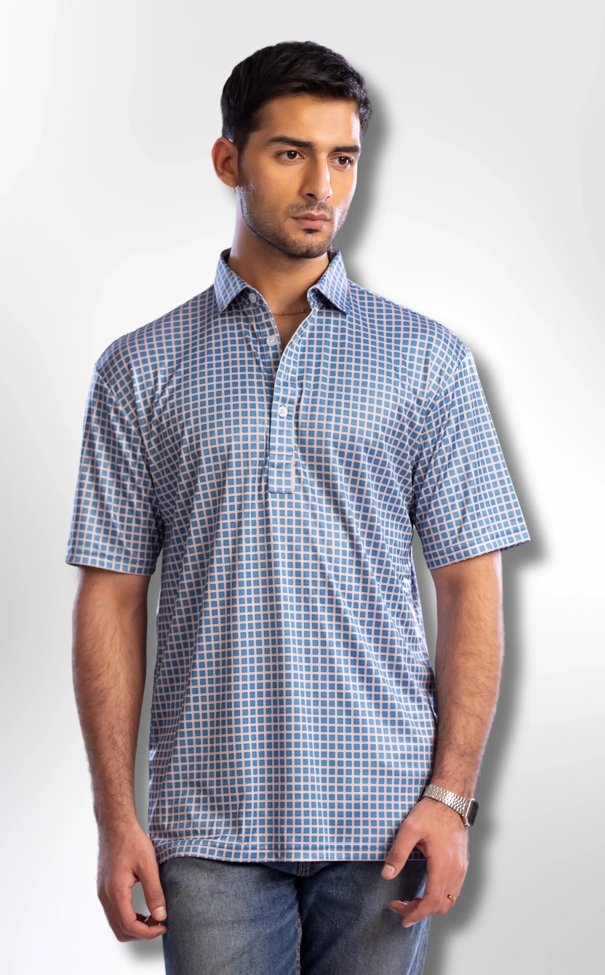 Semi-Spread Collar Blue Shirt with White Grid Check