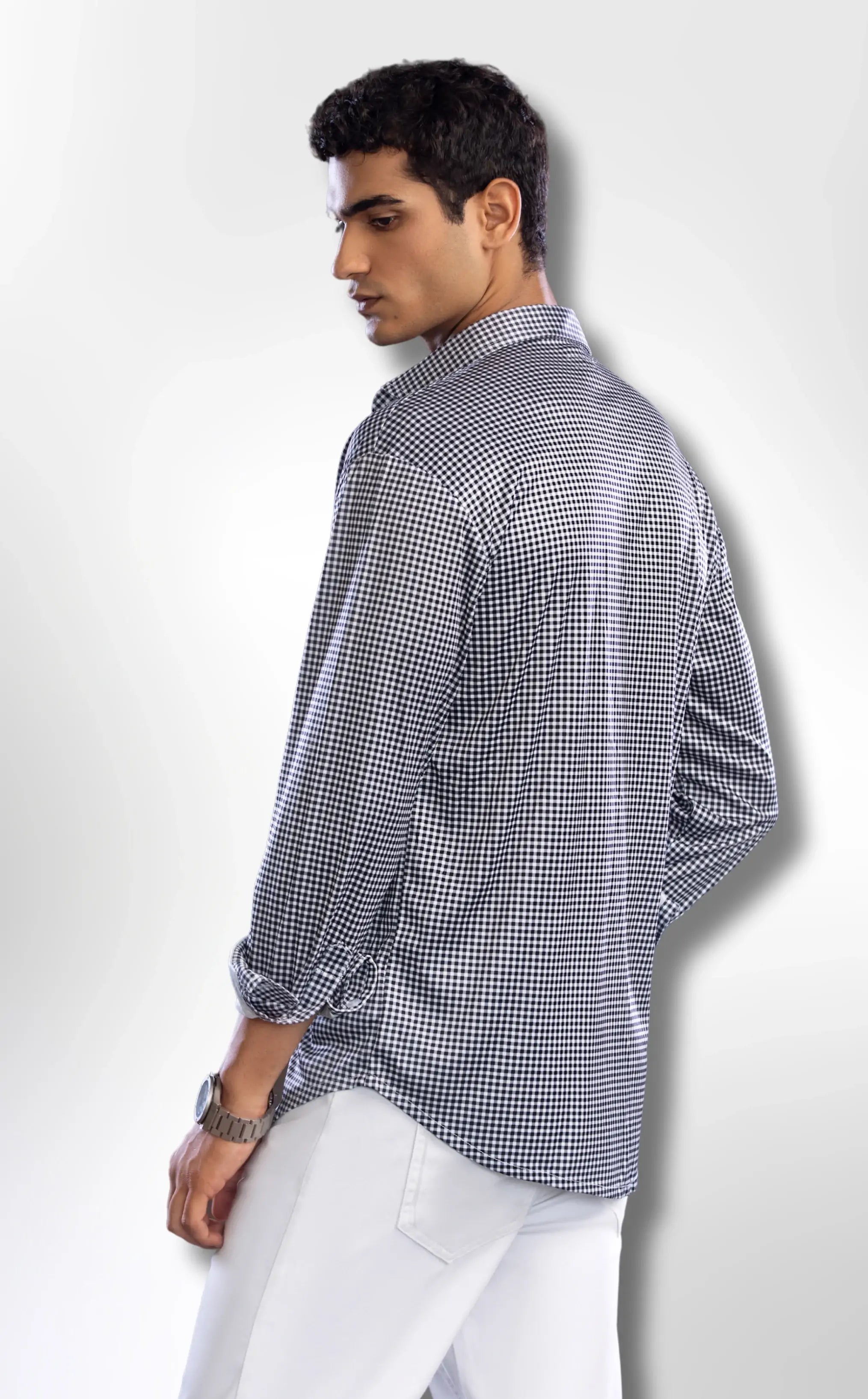 Dressy Shirt Semi-Spread Collar Black Gingham