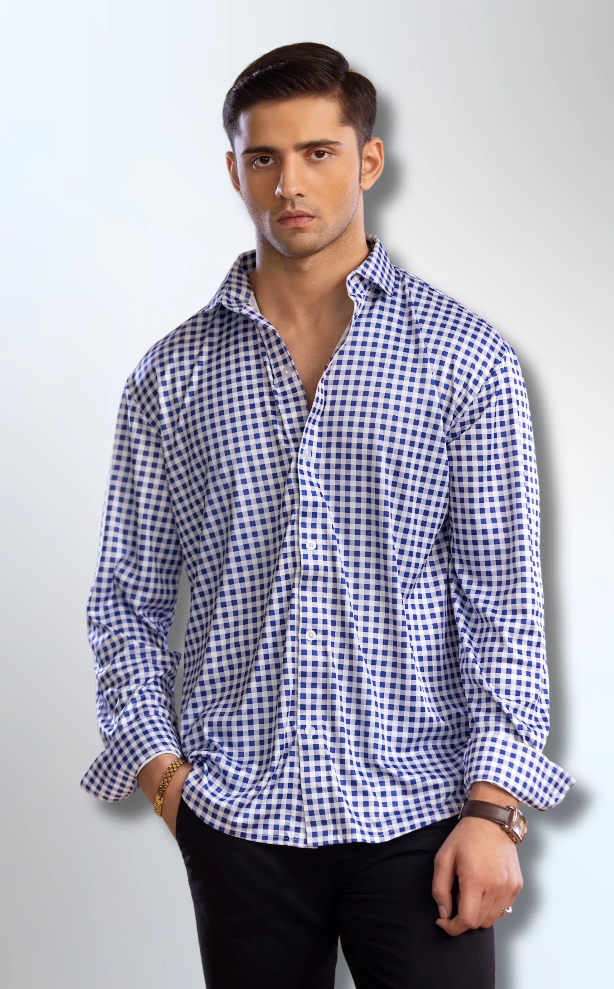 Dressy Shirt Semi-Spread Collar Navy & White Gingham Dressy Shirt Semi-Spread Collar Navy & White Gingham