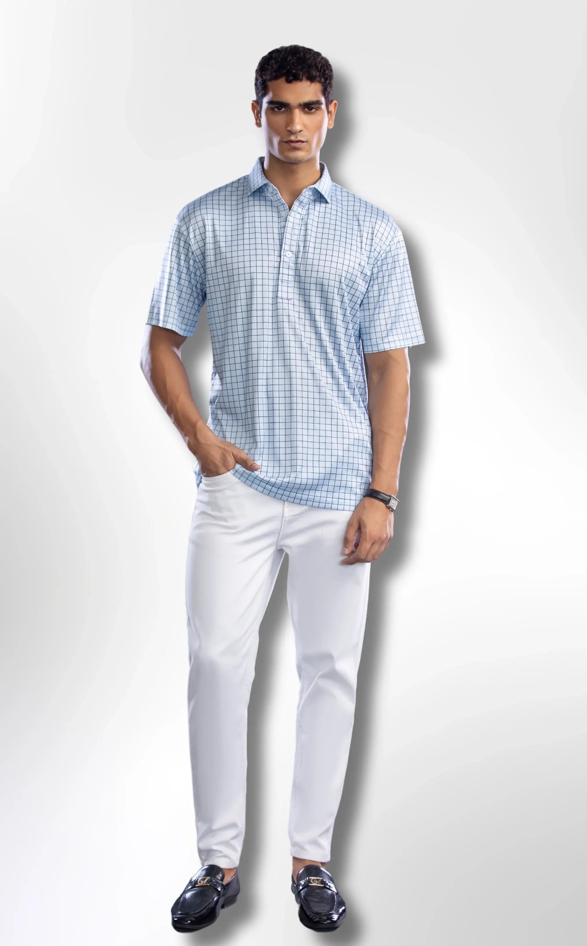 Semi-Spread Collar Village Blue Check