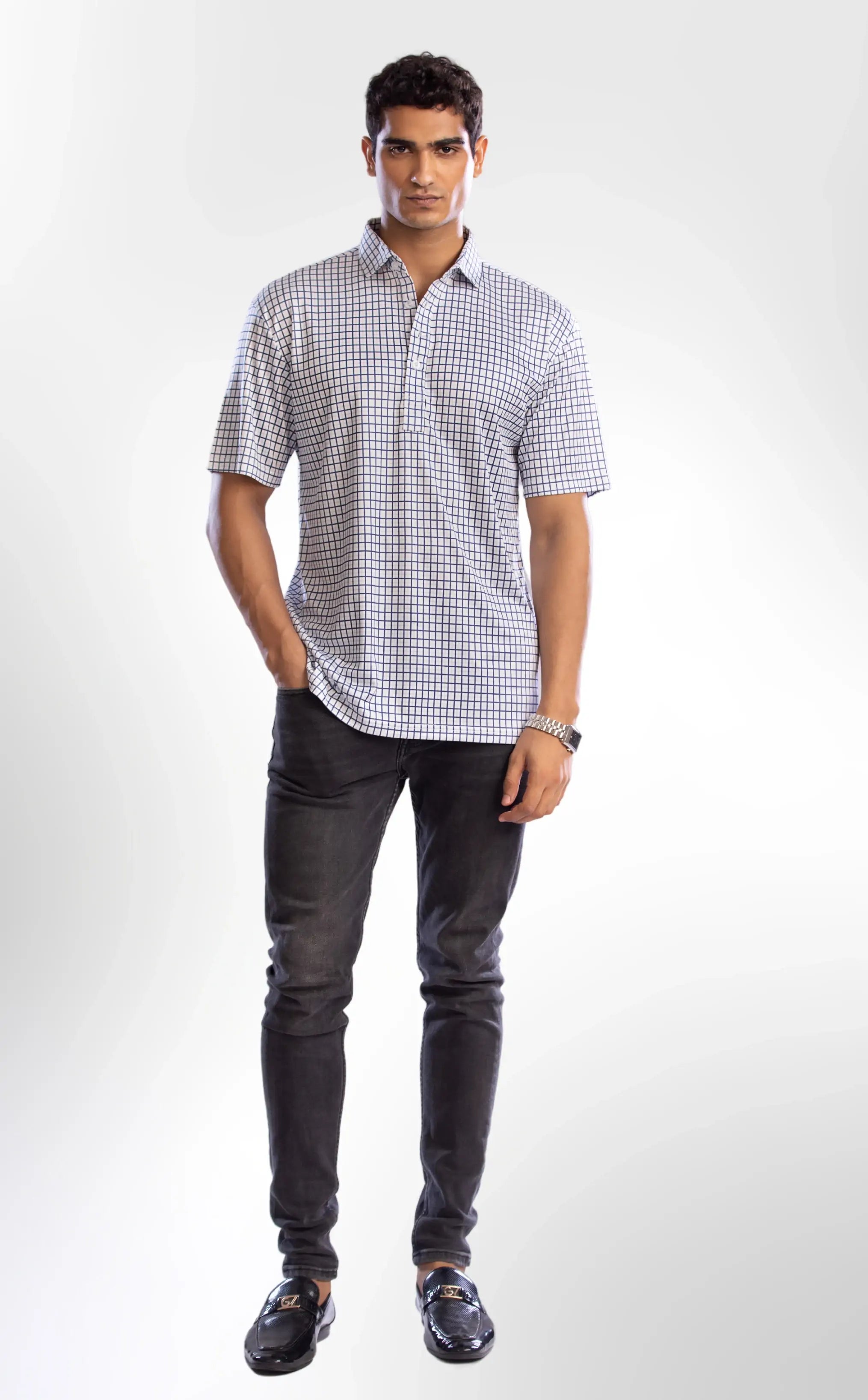 Dressy Polo: Semi-Spread Collar in Blue Tattersall