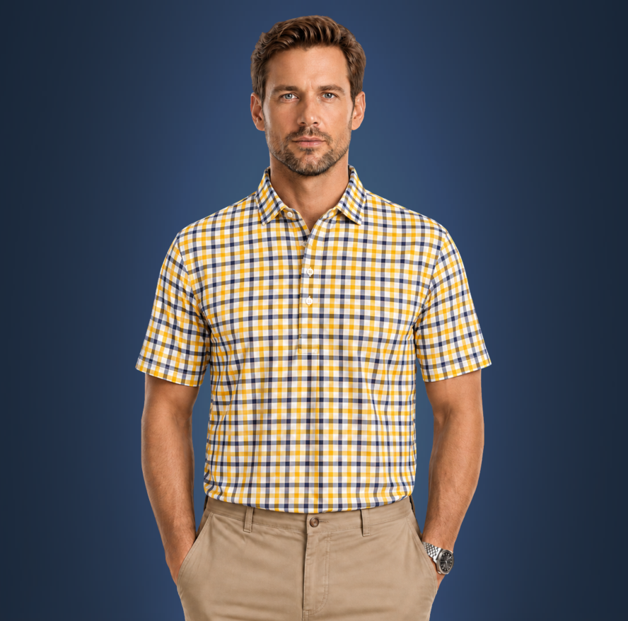 Semi-Spread Collar Yellow with Blue Grid Check
