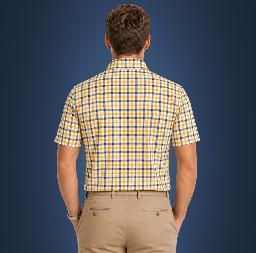 Semi-Spread Collar Yellow with Blue Grid Check