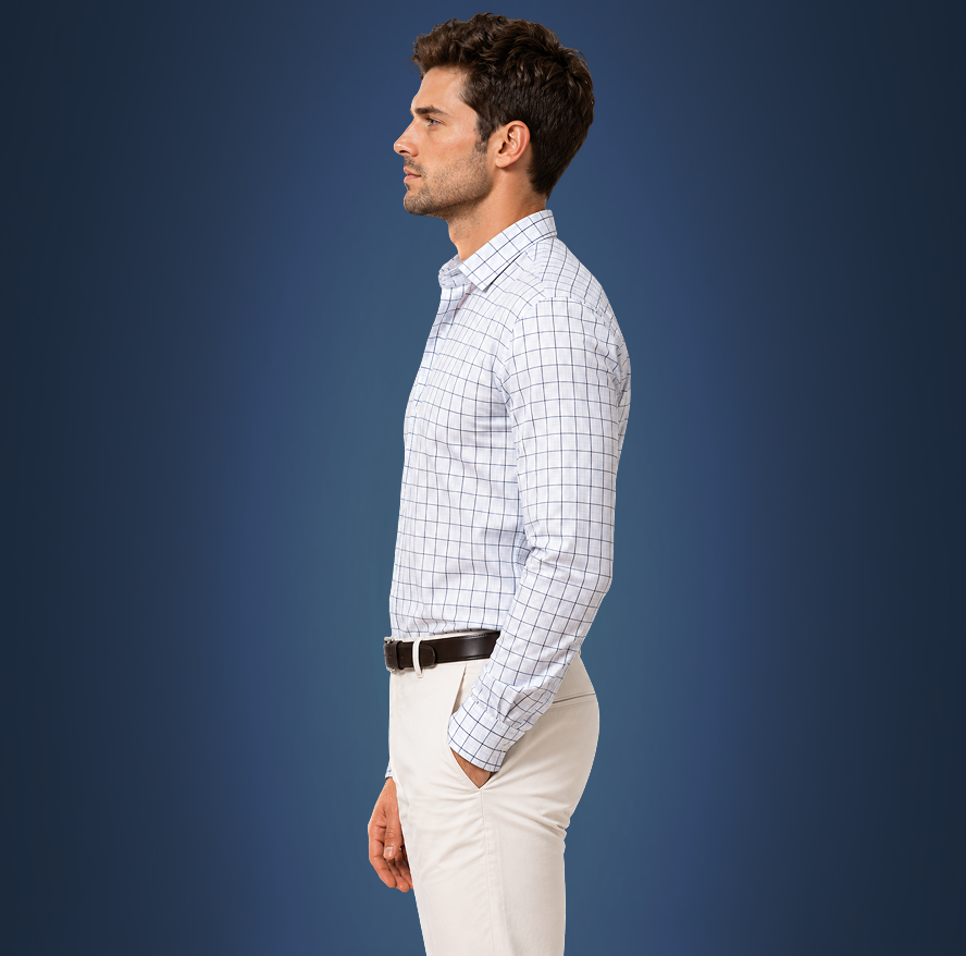 Semi-Spread Collar White with Black and Blue Grid Dress Shirt