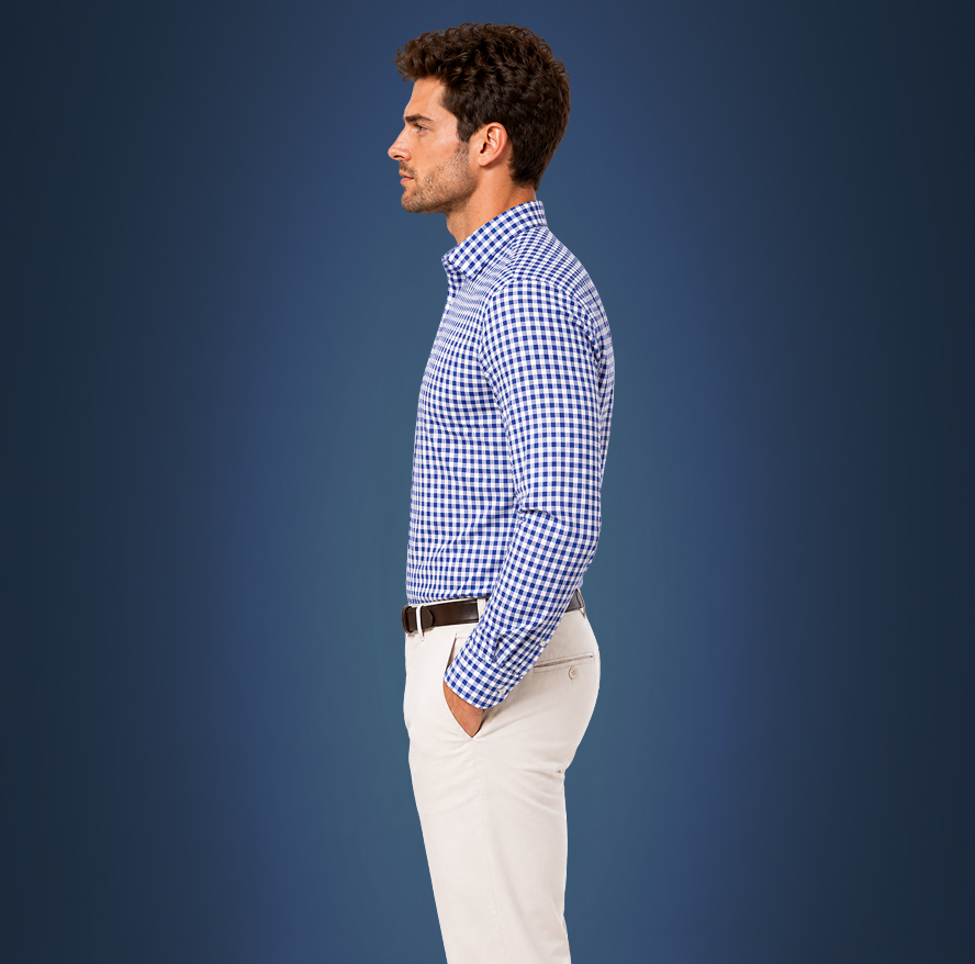 Semi-Spread Collar Collar Navy and White Gingham Dress Shirt