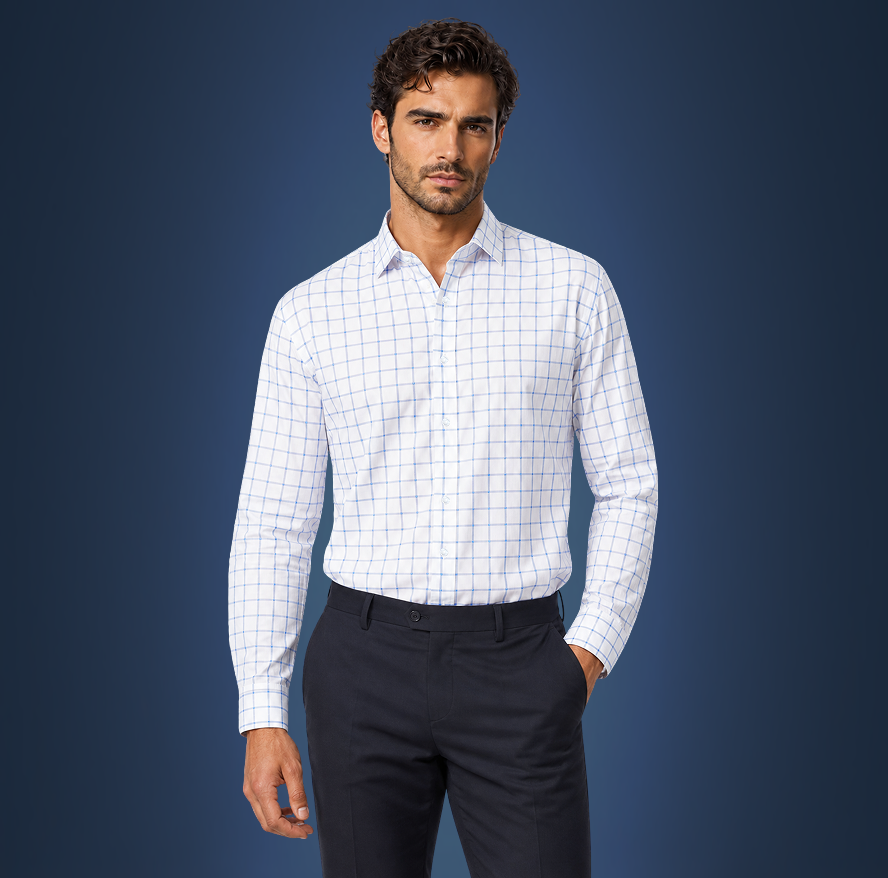 Semi-Spread Collar Bold Blue Grid Check Dress Shirt