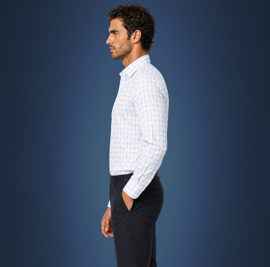 Semi-Spread Collar Bold Blue Grid Check Dress Shirt