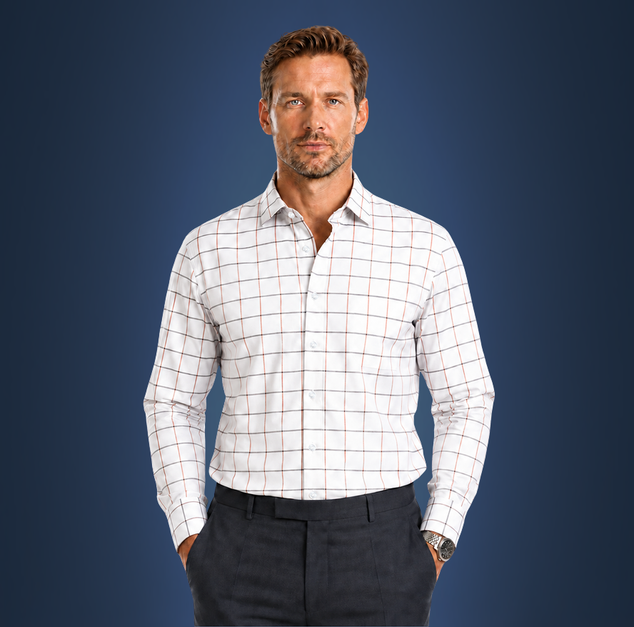 Semi-Spread Collar White with Blue and Orange Grid Dress Shirt