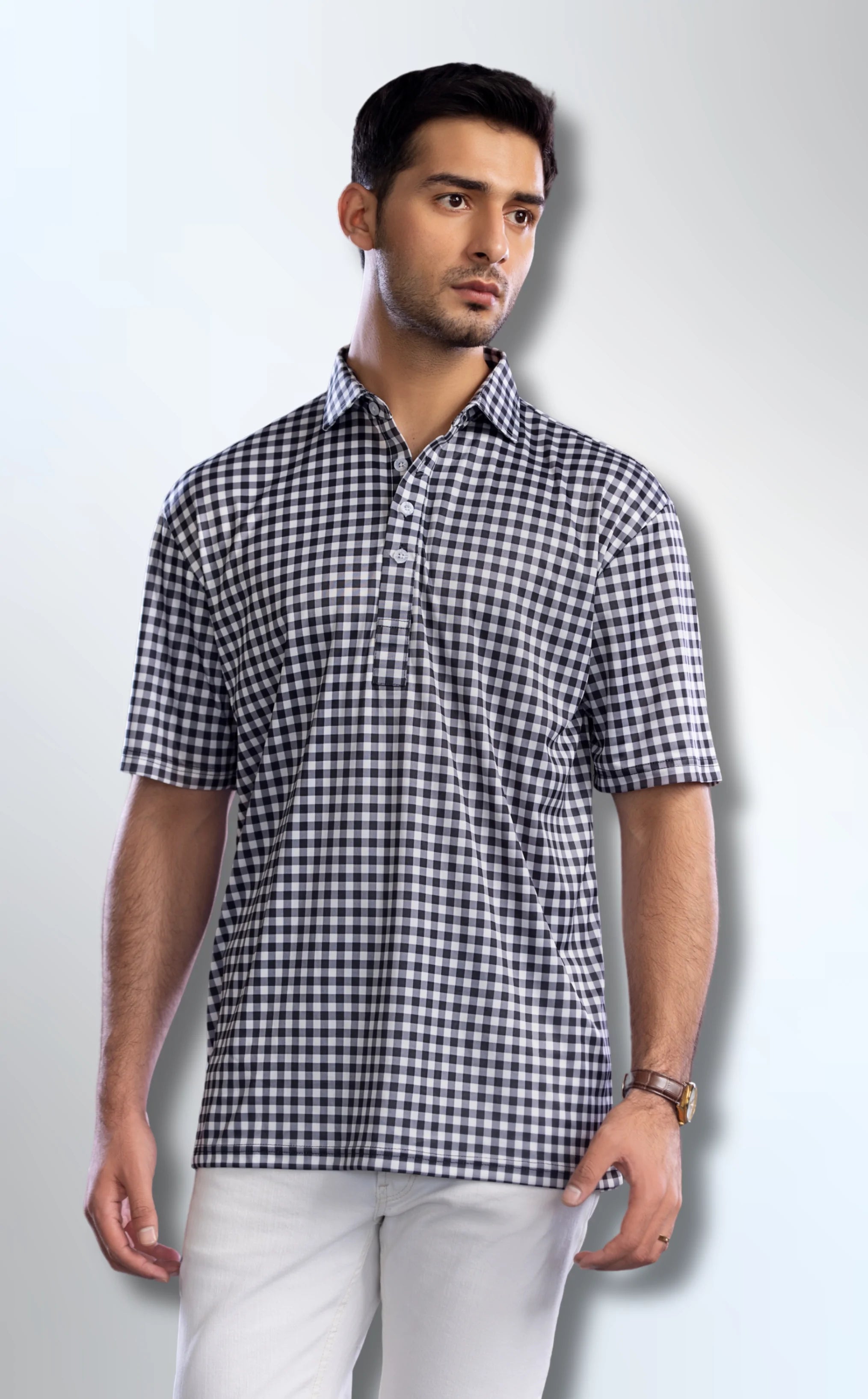 polo semi spread collar black and white gingham