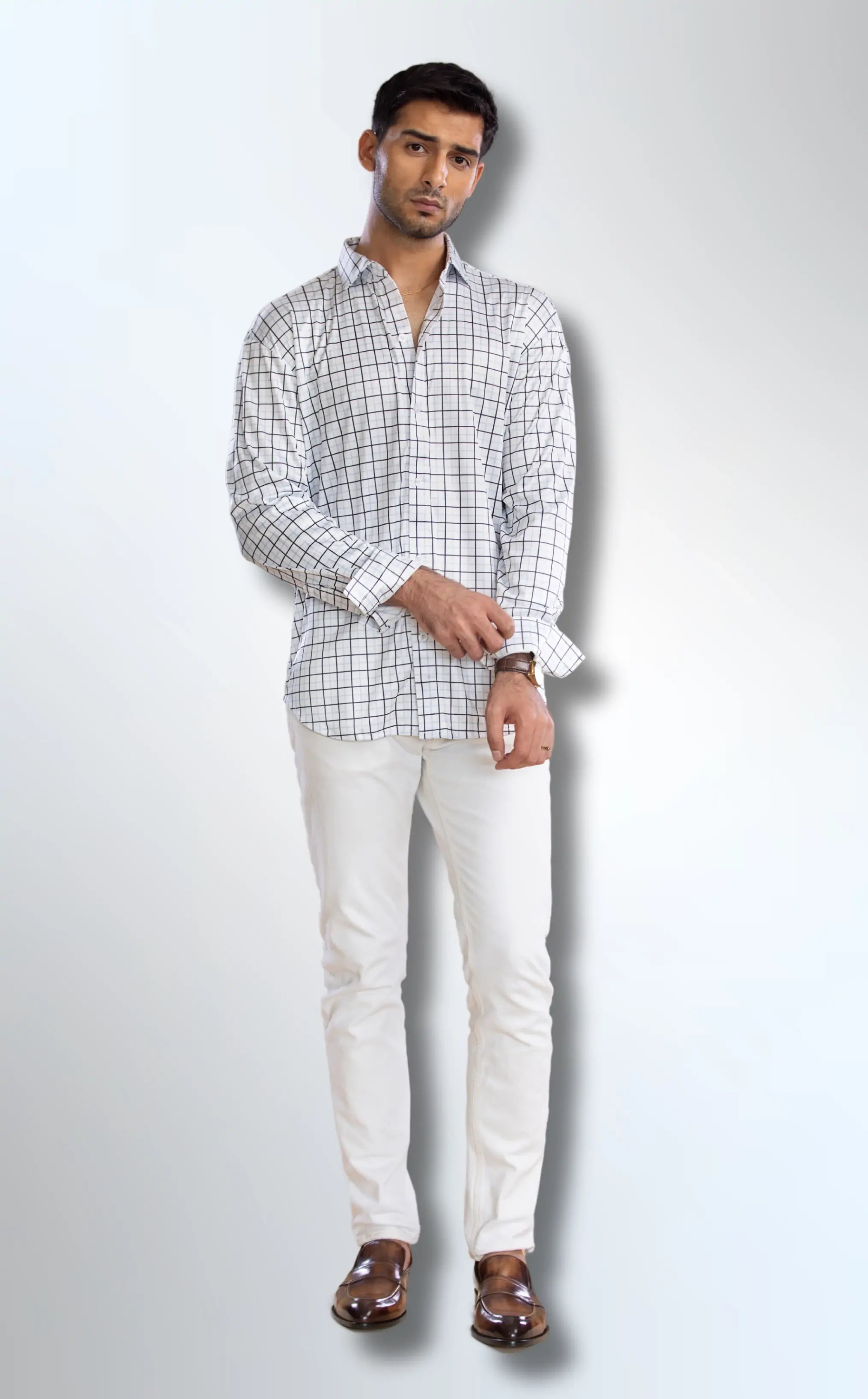 long sleeve Dressy Shirt White with Black and Blue Grid
