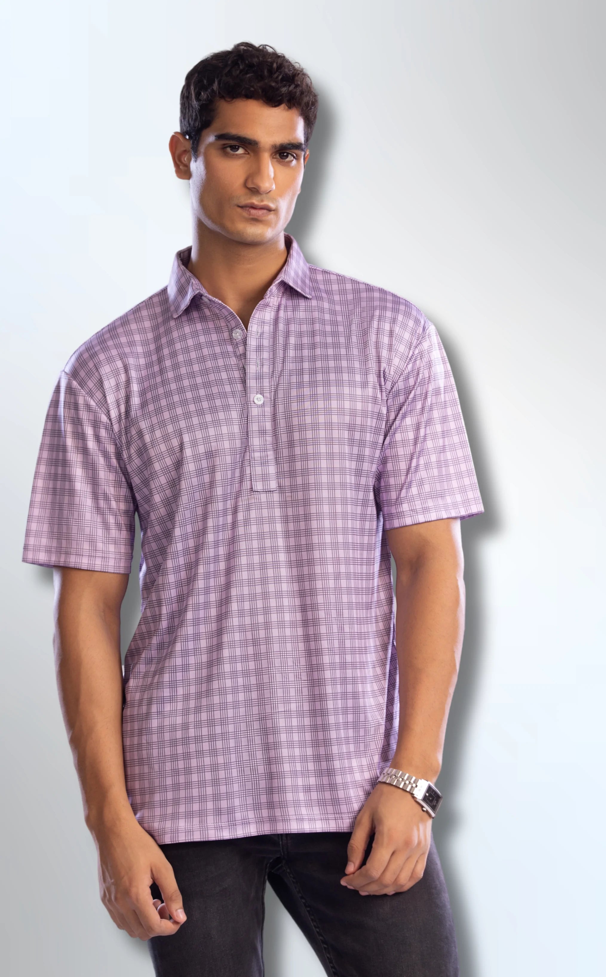 semi-Spread Collar Lavender and Blue Three Stripe Grid