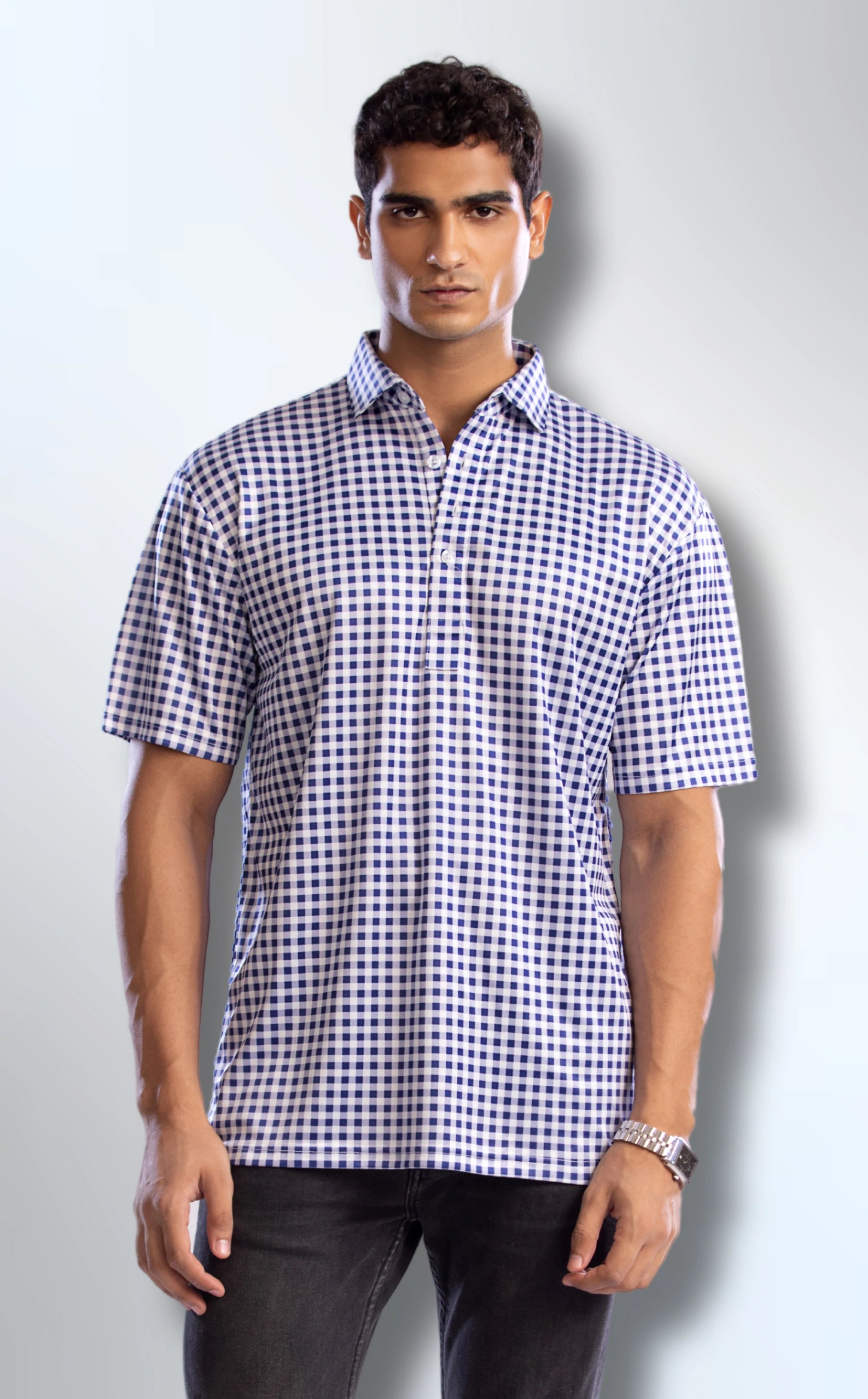 Dressy Polo Semi-Spread Collar Navy and White Gingham Shirt