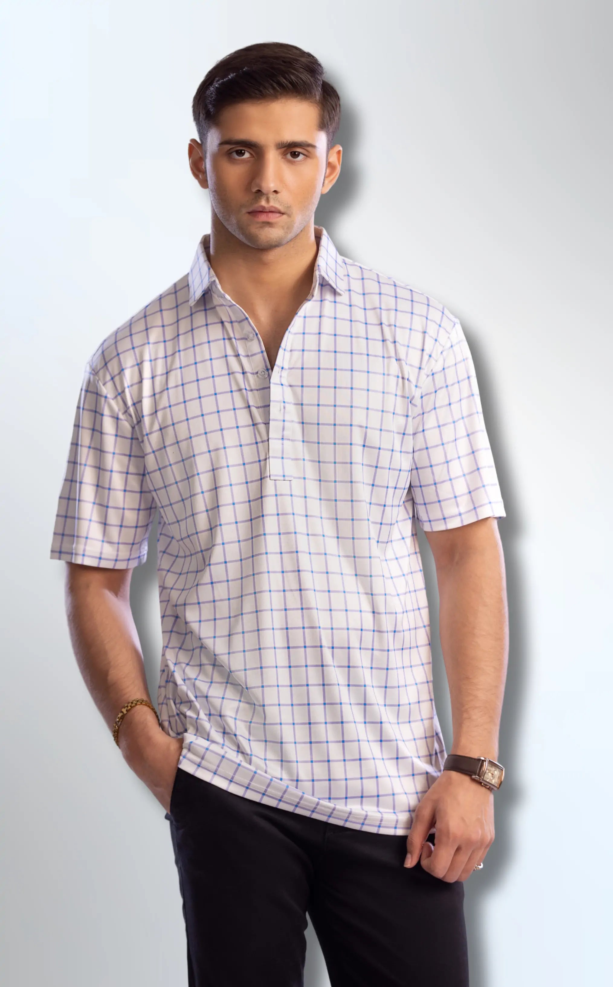 Dressy Polo Semi-Spread Collar Bold Blue Grid Check