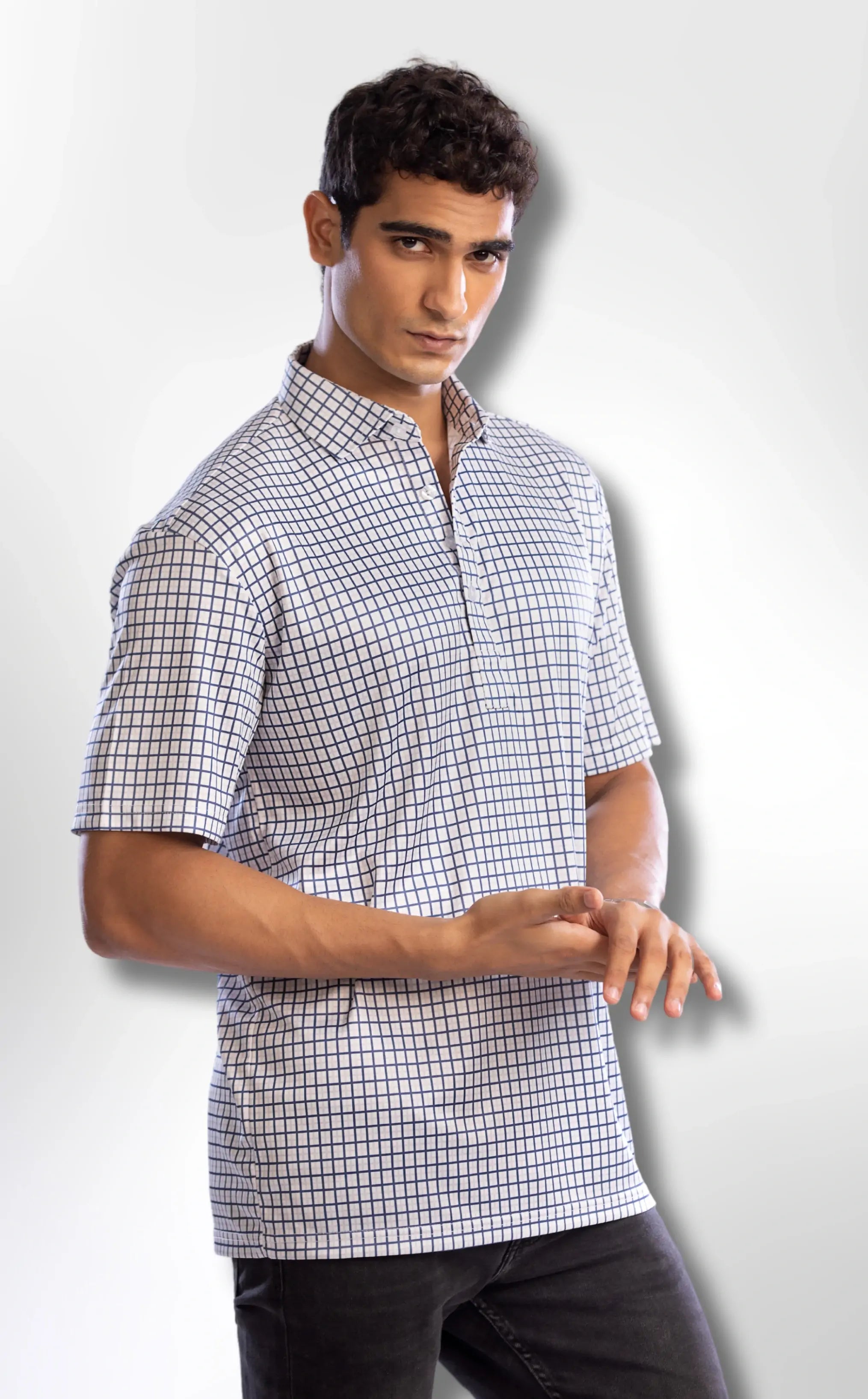 Semi-Spread Collar in Blue Tattersall