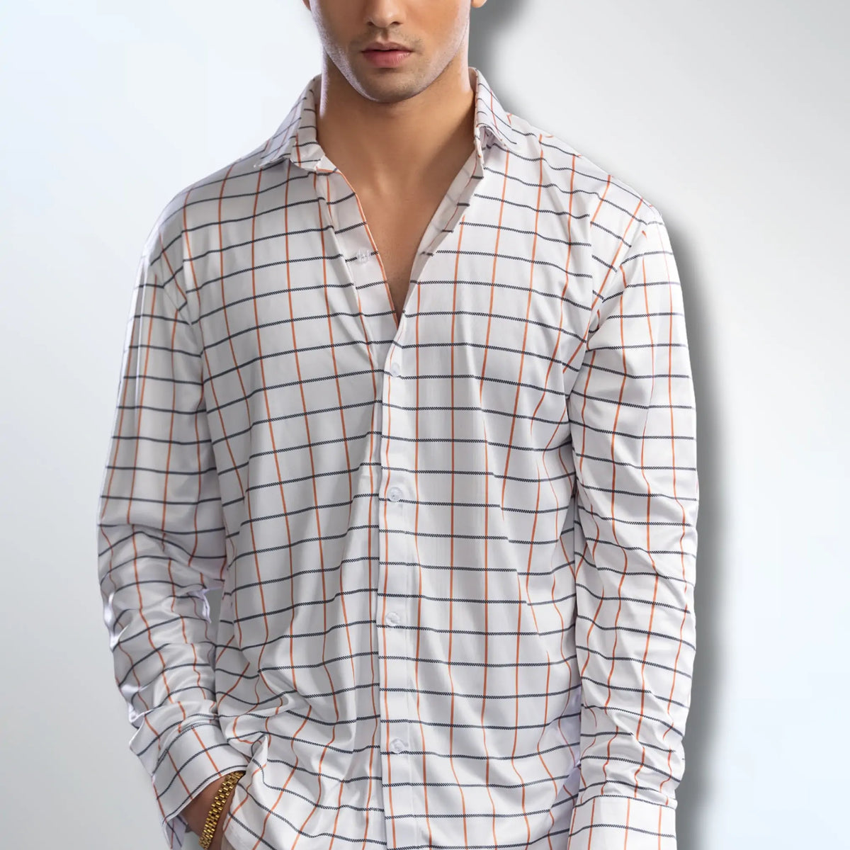The Dressy Shirt Semi-Spread Collar White with Blue and Orange Grid