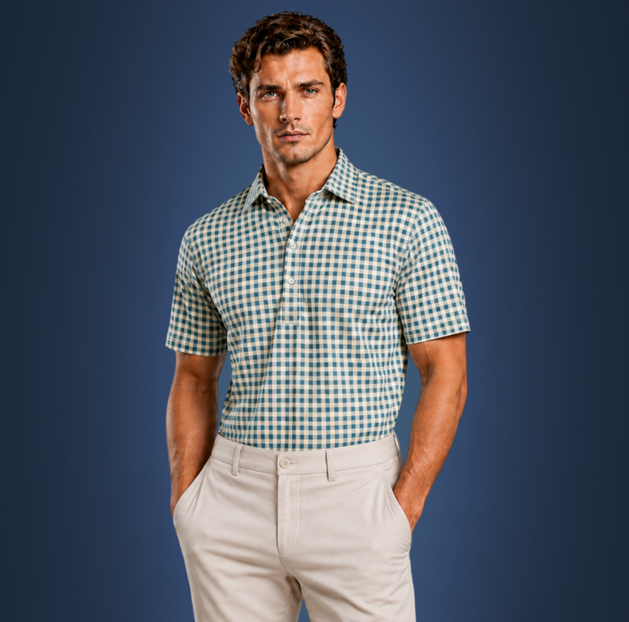 Semi-Spread Collar Green and Brown Gingham