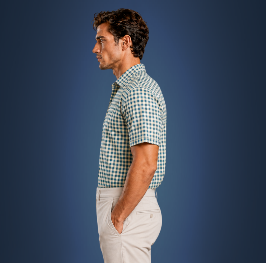Semi-Spread Collar Green and Brown Gingham