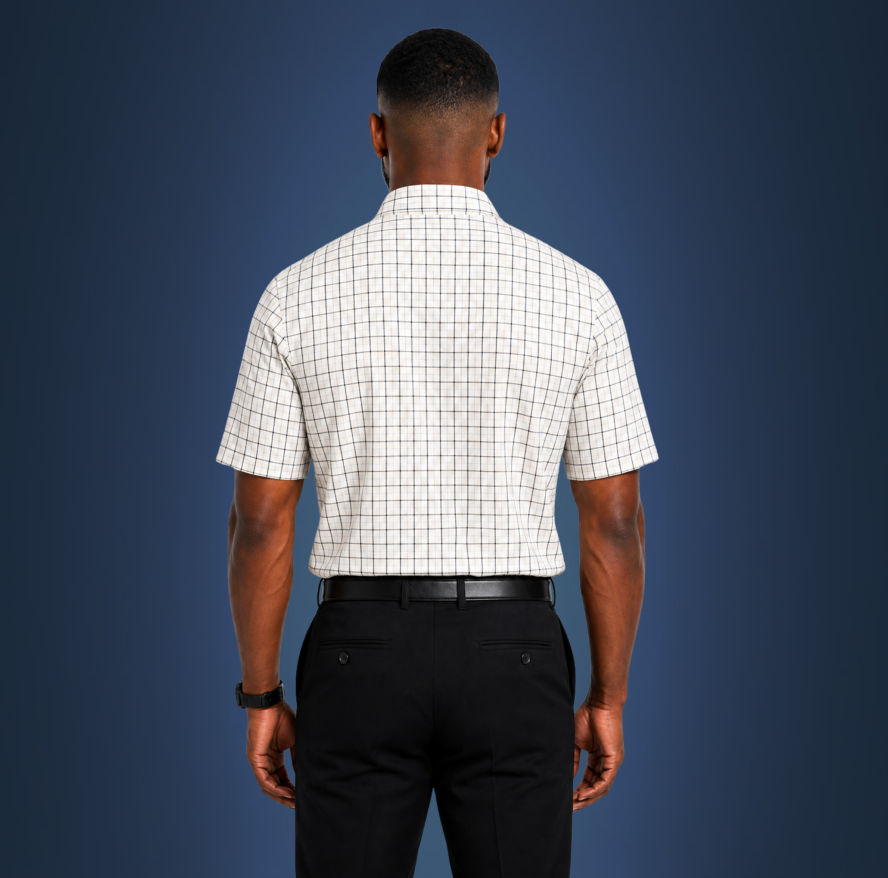 Semi-Spread Collar White with Black and Blue Grid