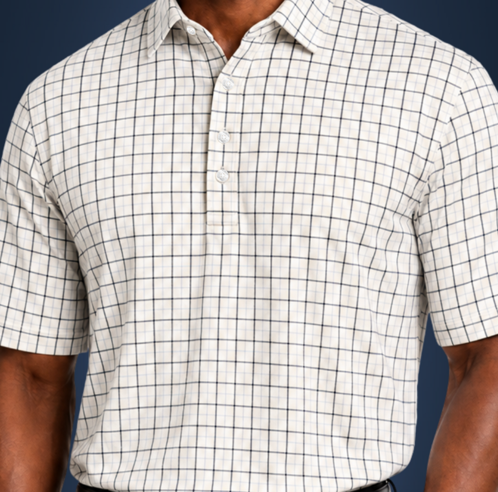 Semi-Spread Collar White with Black and Blue Grid