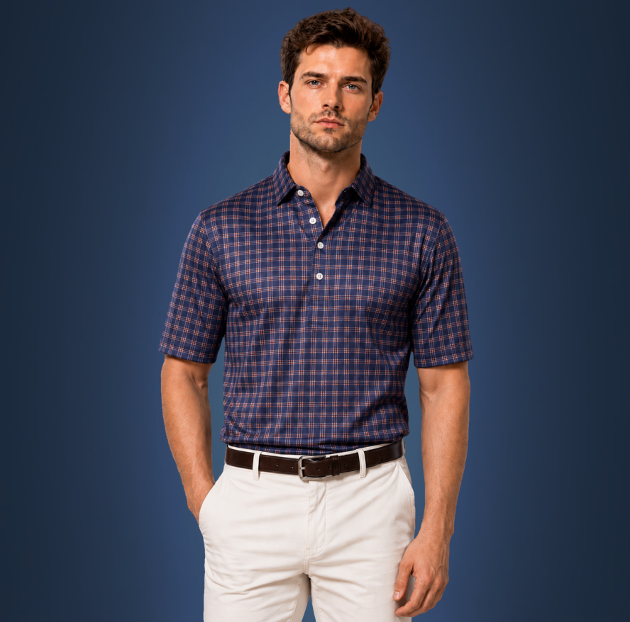 Semi-Spread Collar Bright Navy and Orange 3 Stripe Grid