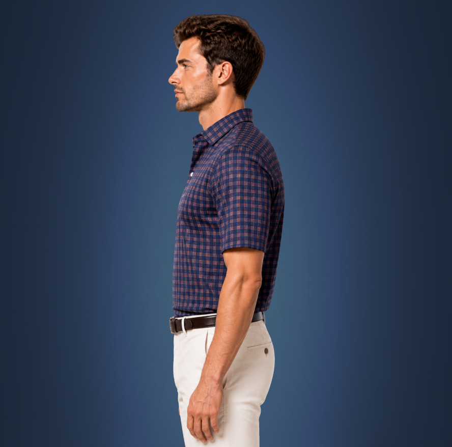 Semi-Spread Collar Bright Navy and Orange 3 Stripe Grid