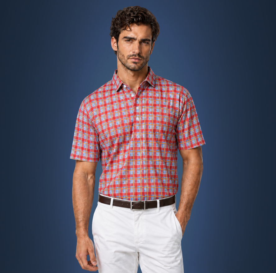 Semi-Spread Collar Red and Sky Blue Grid Check