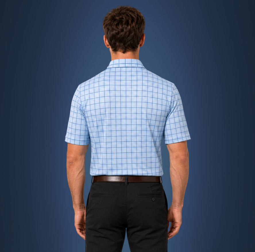 A man viewed from the back wearing a short-sleeve Firmenity Semi-Spread Collar Windmill Blue Windowpane Shirt