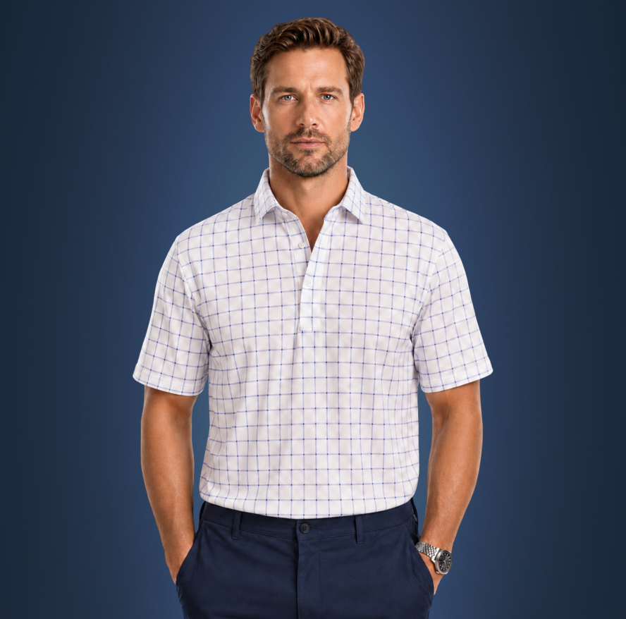 Semi-Spread Collar Bold Blue Grid Check