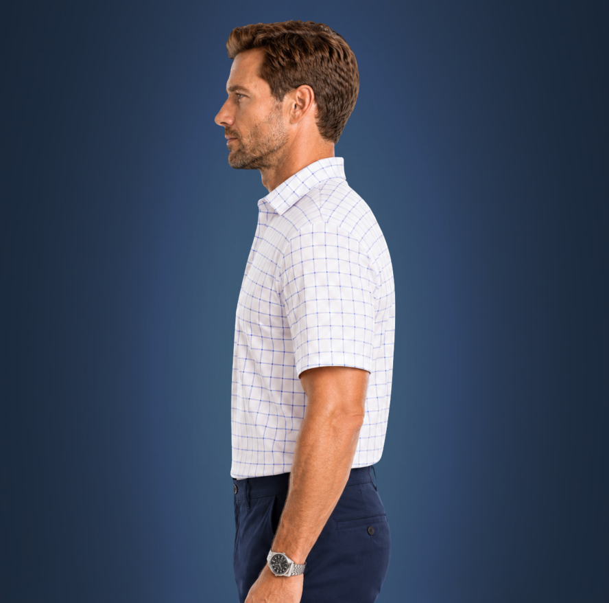 Semi-Spread Collar Bold Blue Grid Check