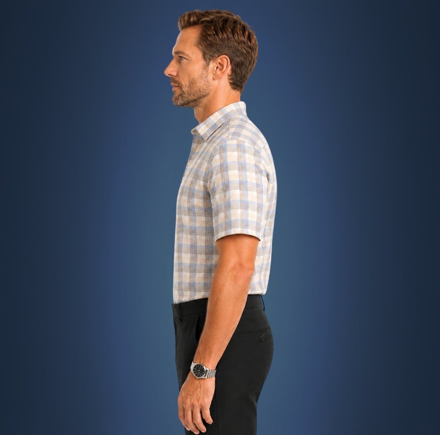 Semi-Spread Collar Brown with Blue Stripe Grid