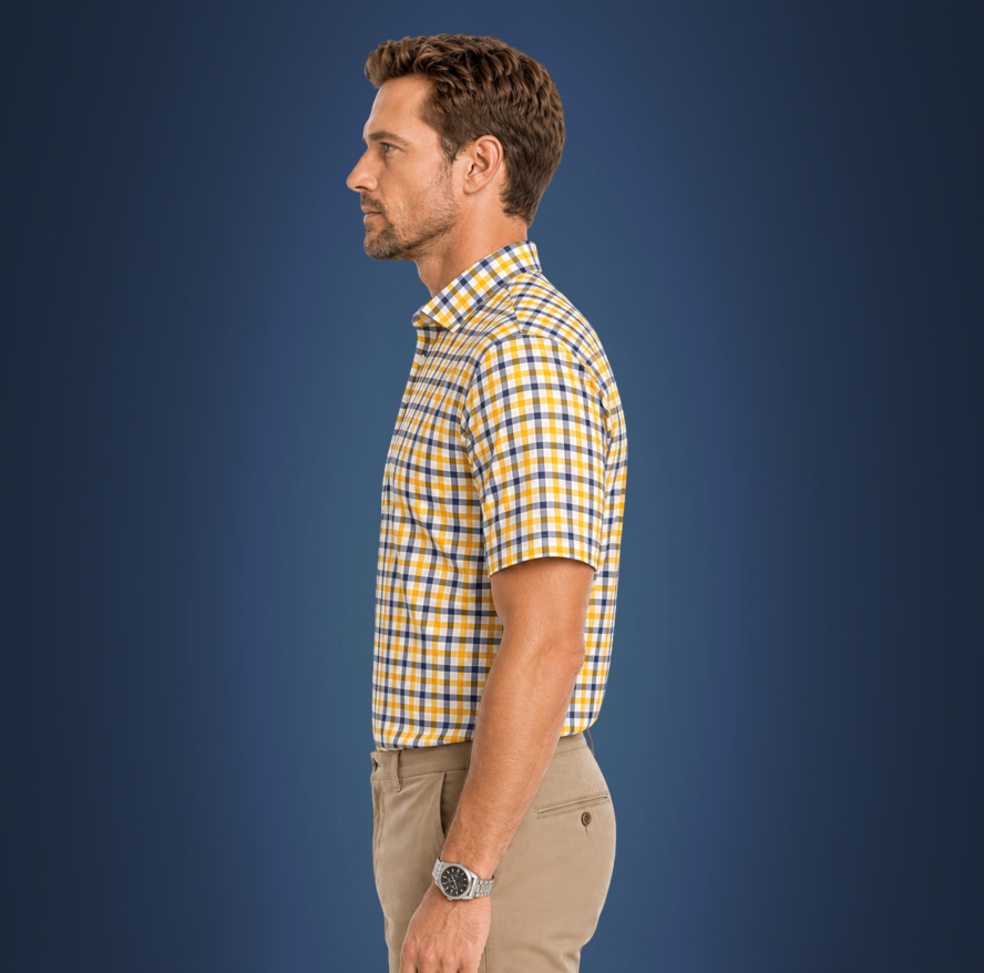 Semi-Spread Collar Yellow with Blue Grid Check