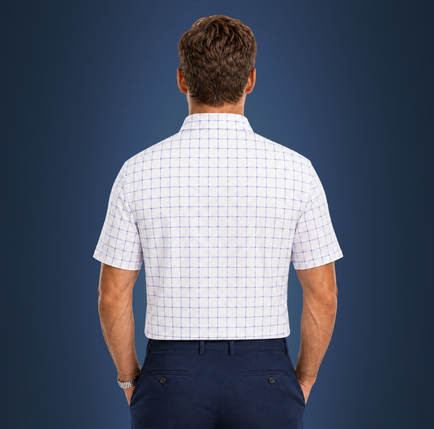 Semi-Spread Collar Bold Blue Grid Check
