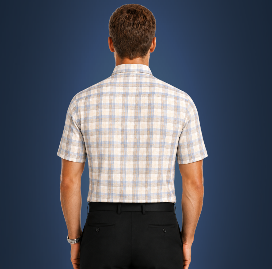 Semi-Spread Collar Brown with Blue Stripe Grid