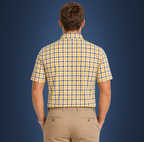 A man viewed from the back wearing a short-sleeve Firmenity Semi-Spread Collar Yellow with Blue Grid Check Shirt
