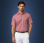 Semi-Spread Collar Red and Sky Blue Grid Check