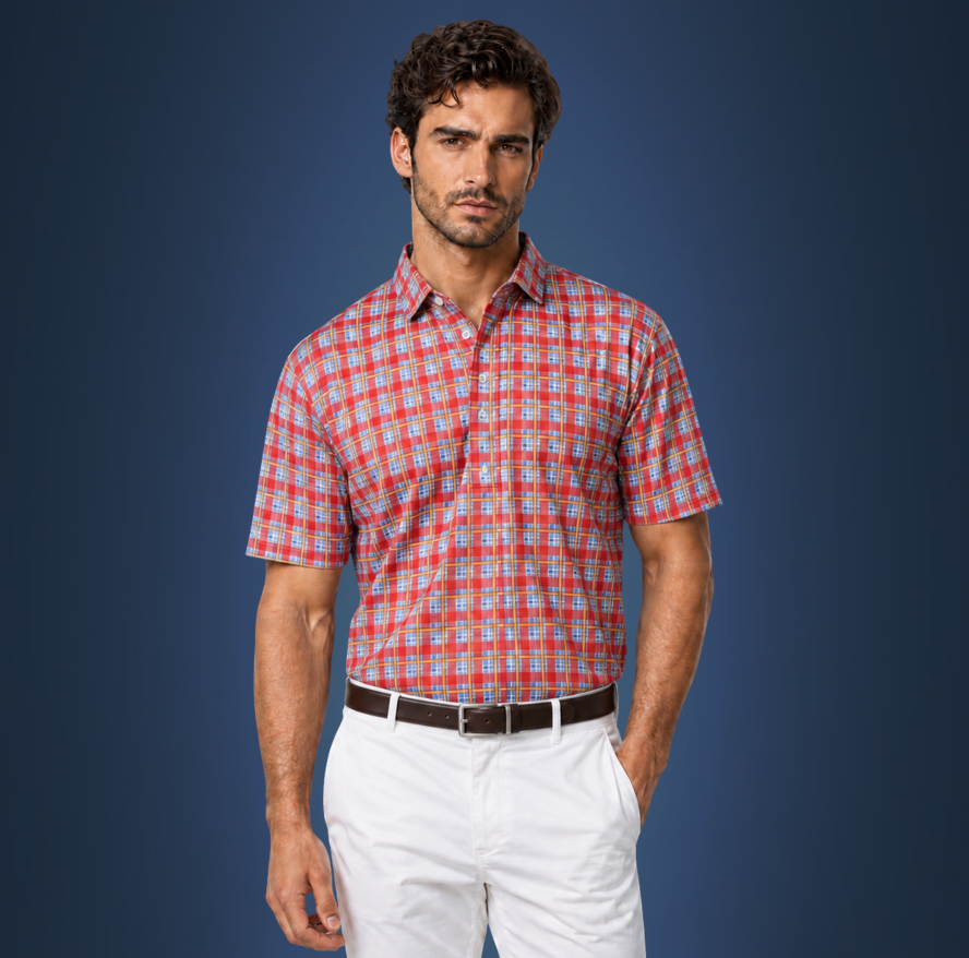 Semi-Spread Collar Red and Sky Blue Grid Check