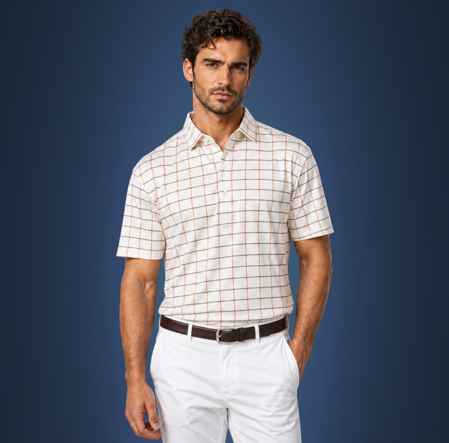 Semi-Spread Collar White with Blue and Orange Grid
