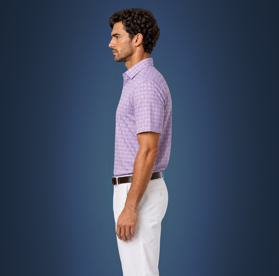 Semi-Spread Collar Lavender and Blue Three Stripe Grid