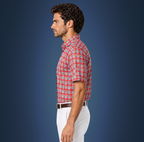 Semi-Spread Collar Red and Sky Blue Grid Check
