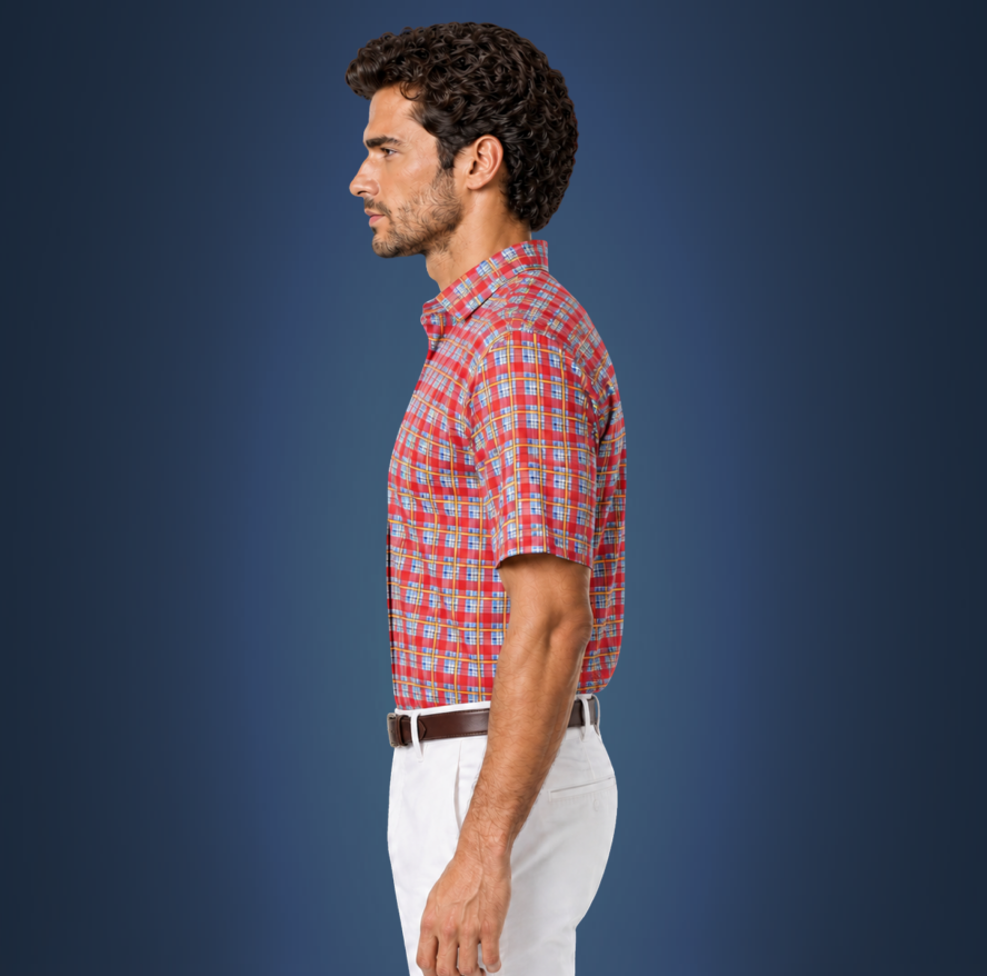 Semi-Spread Collar Red and Sky Blue Grid Check